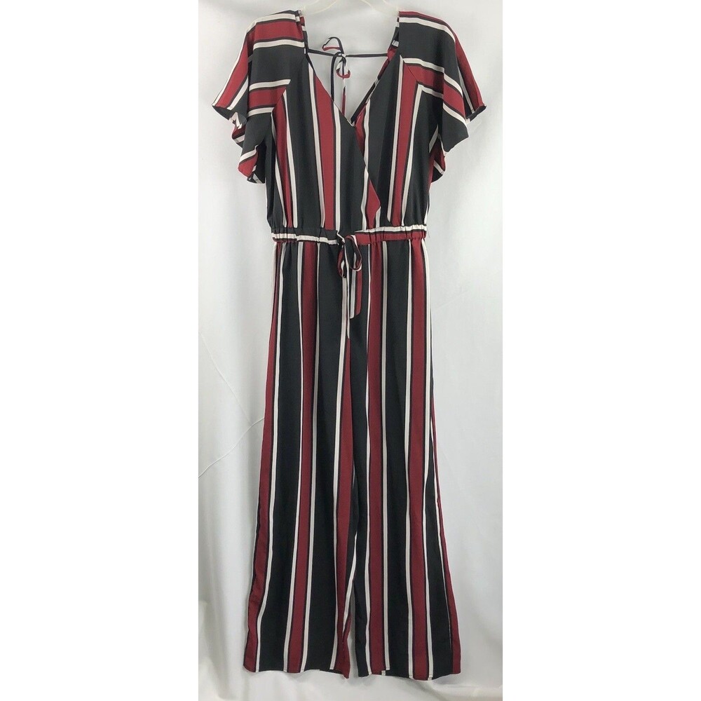 Retro Silky jumper jumpsuit L red blk flutter sleeve cinch waist Wide Leg 6os